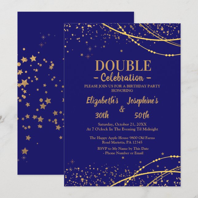 Invitación Elegante azul con estrellas de oro doble cumpleaño (Anverso / Reverso)