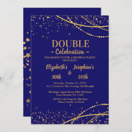 Invitación Elegante azul con estrellas de oro doble cumpleaño