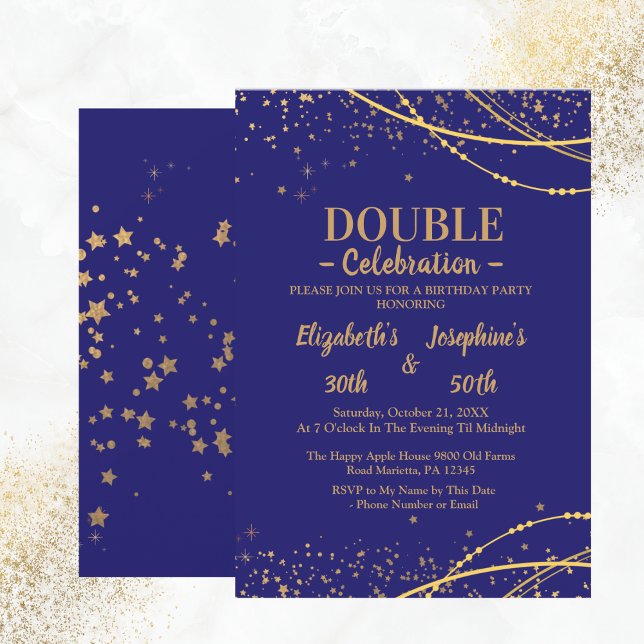 Invitación Elegante azul con estrellas de oro doble cumpleaño (Subido por el creador)