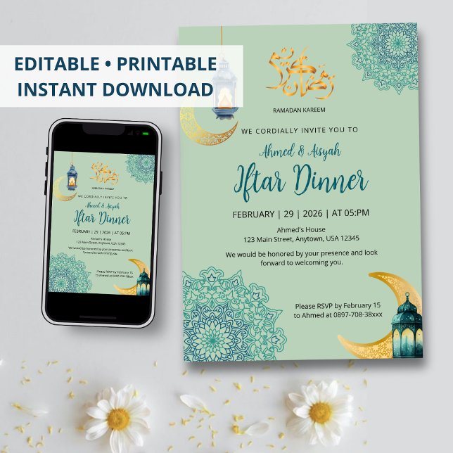 Invitación Elegante Azul con Linterna y Luna Creciente Iftar (Subido por el creador)