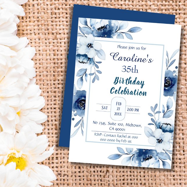 Invitación Elegante azul cumpleaños 35 floral tonos de azul (Subido por el creador)