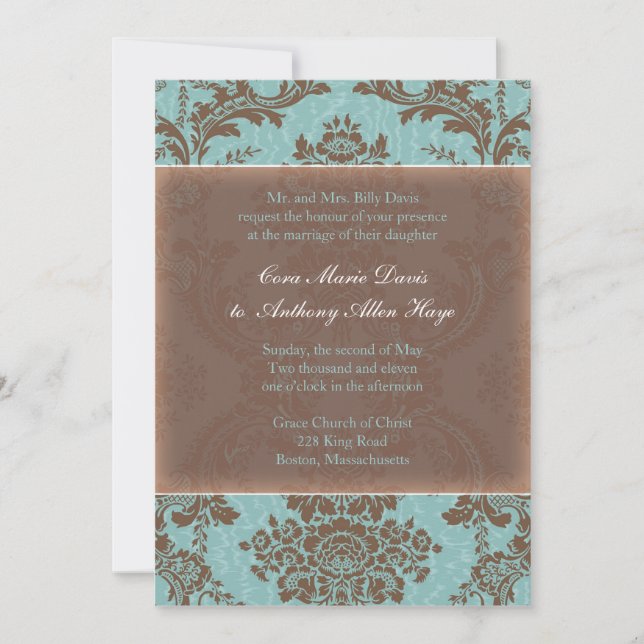 Invitación elegante azul de la boda del damasco (Anverso)
