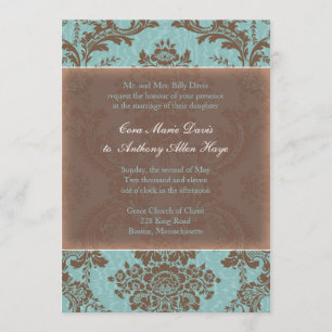 Invitación elegante azul de la boda del damasco