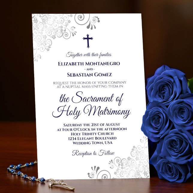 Invitación Elegante azul de la marina sobre Boda católico bla (Subido por el creador)