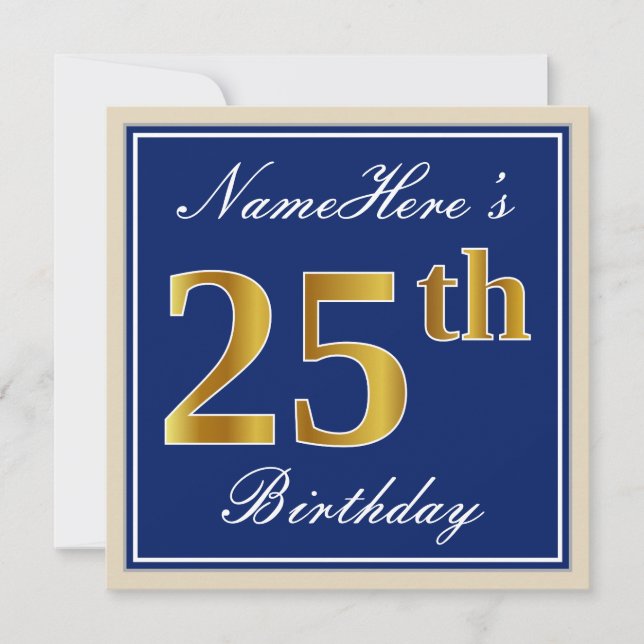 Invitación Elegante, Azul, Dorado Falso Cumpleaños 25 + Nombr (Anverso)