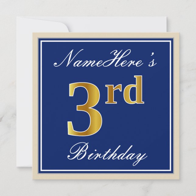 Invitación Elegante, Azul, Dorado Falso Cumpleaños 3; Nombre  (Anverso)