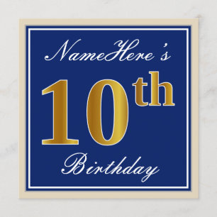 Invitación Elegante, azul, falso oro 10 cumpleaños + nombre