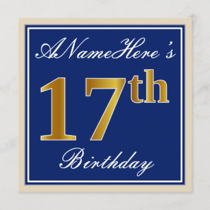 Invitación Elegante, azul, falso oro 17 cumpleaños + nombre