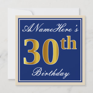 Invitación Elegante, azul, falso oro 30 cumpleaños + nombre