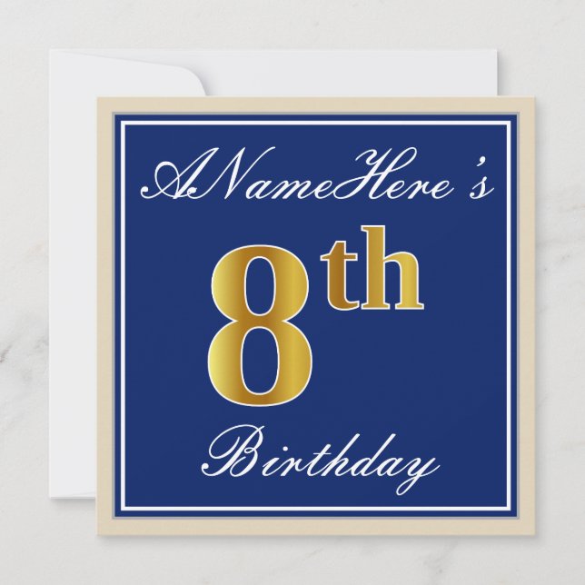 Invitación Elegante, azul, falso oro 8 cumpleaños; nombre per (Anverso)