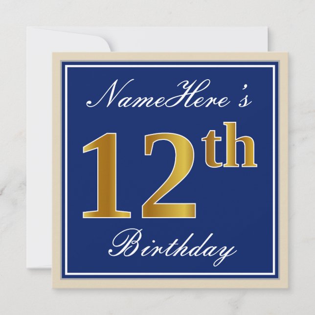 Invitación Elegante, Azul, Faux Gold 12 cumpleaños + Nombre (Anverso)