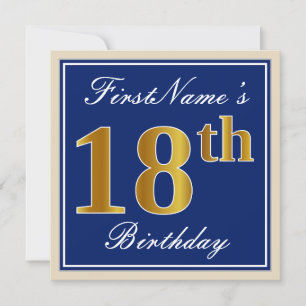 Invitación Elegante, Azul, Faux Gold 18th Birthday + Nombre