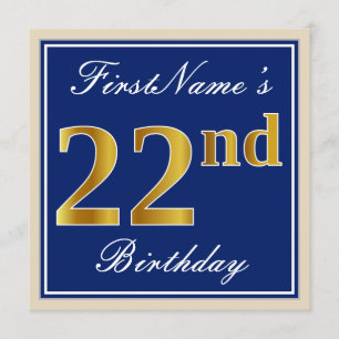 Invitación Elegante, Azul, Faux Gold 22 cumpleaños + nombre