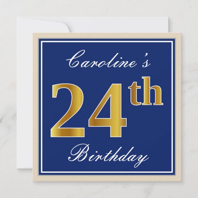 Invitación Elegante, Azul, Faux Gold 24th Birthday + Nombre (Anverso)