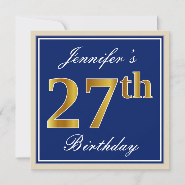 Invitación Elegante, Azul, Faux Gold 27th Birthday + Nombre (Anverso)