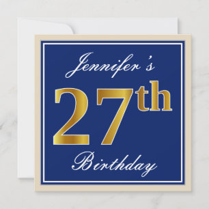 Invitación Elegante, Azul, Faux Gold 27th Birthday + Nombre