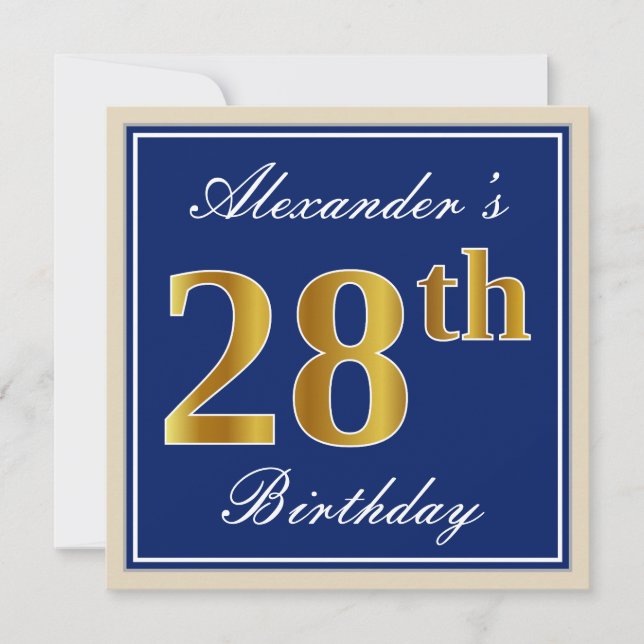 Invitación Elegante, Azul, Faux Gold 28th Birthday + Nombre (Anverso)