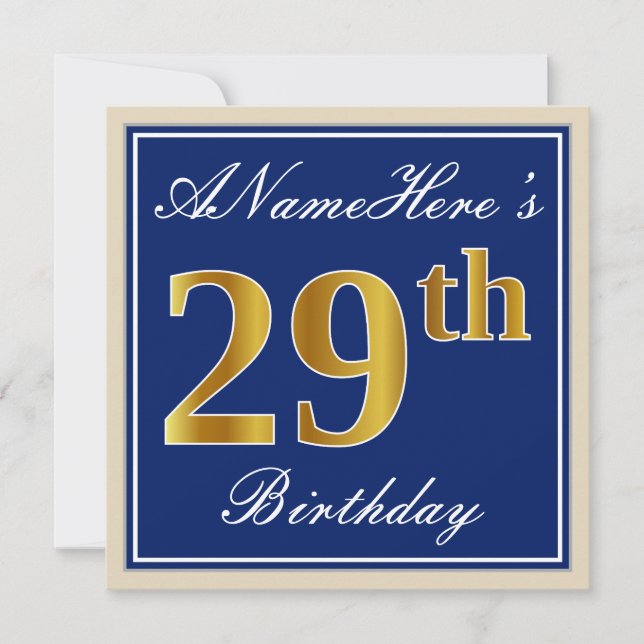 Invitación Elegante, Azul, Faux Gold 29th Birthday + Nombre (Anverso)