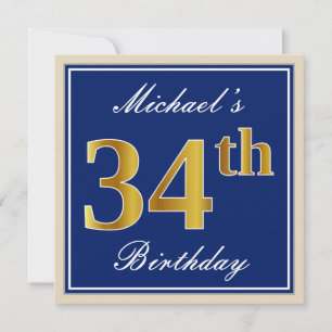 Invitación Elegante, Azul, Faux Gold 34th Birthday + Nombre