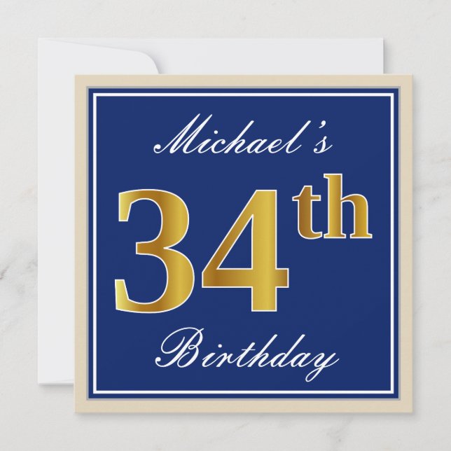 Invitación Elegante, Azul, Faux Gold 34th Birthday + Nombre (Anverso)
