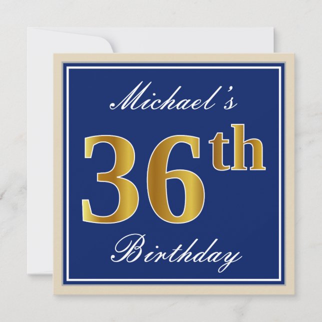 Invitación Elegante, Azul, Faux Gold 36 cumpleaños + nombre (Anverso)