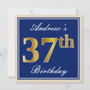 Invitación Elegante, Azul, Faux Gold 37 cumpleaños + nombre