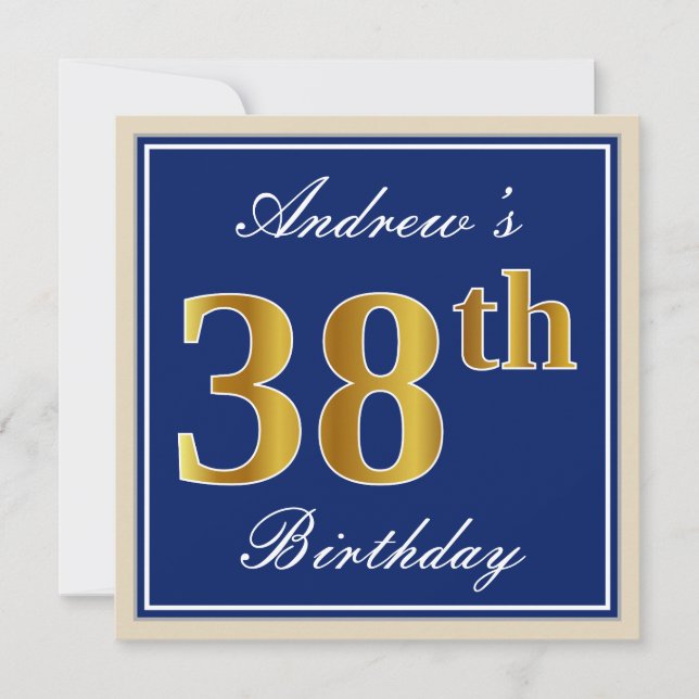 Invitación Elegante, Azul, Faux Gold 38th Birthday + Nombre (Anverso)