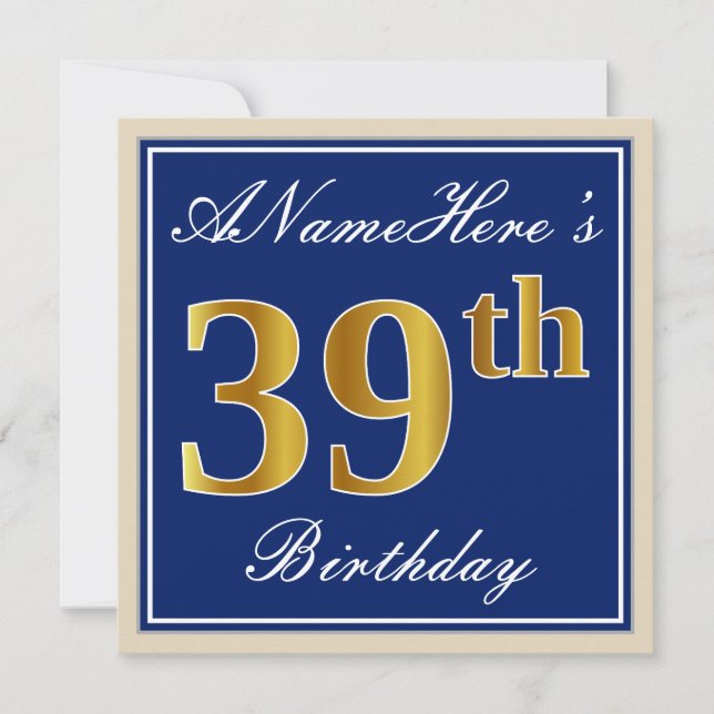 Invitación Elegante, Azul, Faux Gold 39th Birthday + Nombre (Anverso)