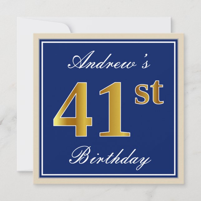 Invitación Elegante, Azul, Faux Gold 41st Birthday + Nombre (Anverso)