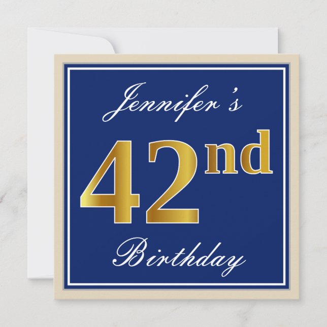 Invitación Elegante, Azul, Faux Gold 42º cumpleaños + Nombre (Anverso)