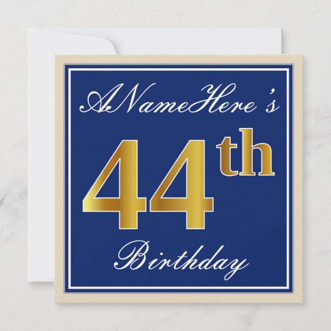 Invitación Elegante, Azul, Faux Gold 44th Birthday + Nombre (Anverso)