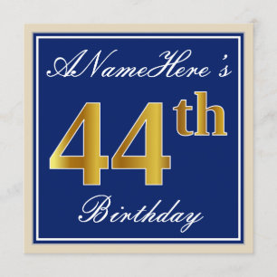 Invitación Elegante, Azul, Faux Gold 44th Birthday + Nombre