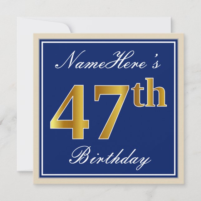 Invitación Elegante, Azul, Faux Gold 47th Birthday + Nombre (Anverso)