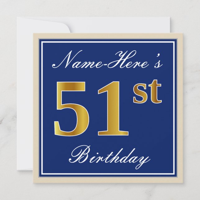 Invitación Elegante, Azul, Faux Gold 51st Birthday + Nombre (Anverso)