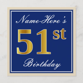 Invitación Elegante, Azul, Faux Gold 51st Birthday + Nombre