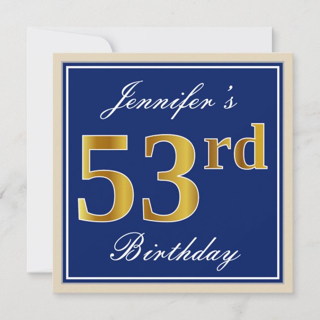 Invitación Elegante, Azul, Faux Gold 53 cumpleaños + nombre (Anverso)