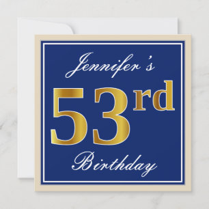 Invitación Elegante, Azul, Faux Gold 53 cumpleaños + nombre