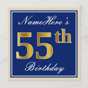 Invitación Elegante, Azul, Faux Gold 55th Birthday + Nombre