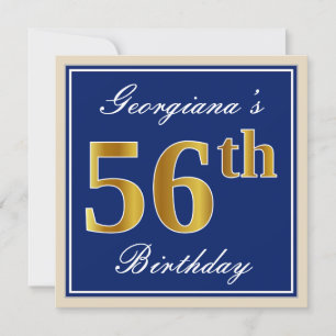 Invitación Elegante, Azul, Faux Gold 56 cumpleaños + Nombre