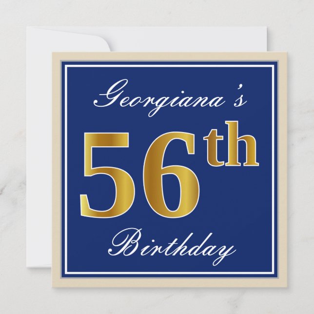 Invitación Elegante, Azul, Faux Gold 56th Birthday + Nombre (Anverso)