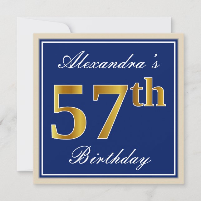 Invitación Elegante, Azul, Faux Gold 57th Birthday + Nombre (Anverso)