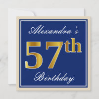 Elegante, Azul, Faux Gold 57th Birthday + Nombre