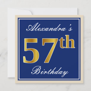 Invitación Elegante, Azul, Faux Gold 57th Birthday + Nombre