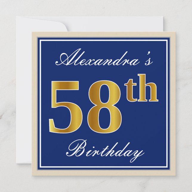 Invitación Elegante, Azul, Faux Gold 58th Birthday + Nombre (Anverso)