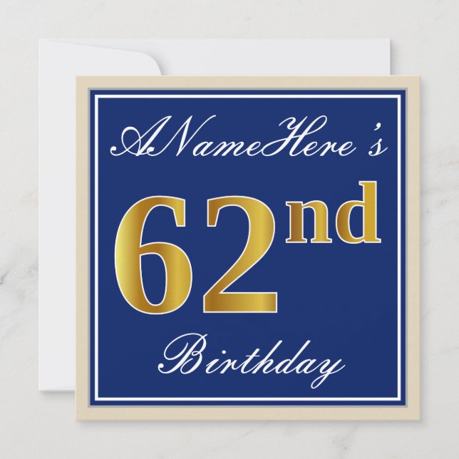 Invitación Elegante, Azul, Faux Gold 62 cumpleaños + Nombre (Anverso)