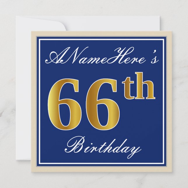 Invitación Elegante, Azul, Faux Gold 66th Birthday + Nombre (Anverso)