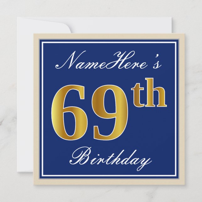 Invitación Elegante, Azul, Faux Gold 69th Birthday + Nombre (Anverso)