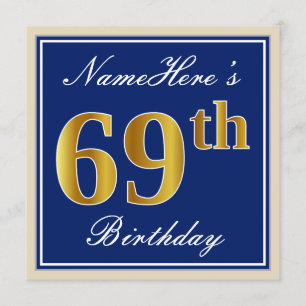 Invitación Elegante, Azul, Faux Gold 69th Birthday + Nombre