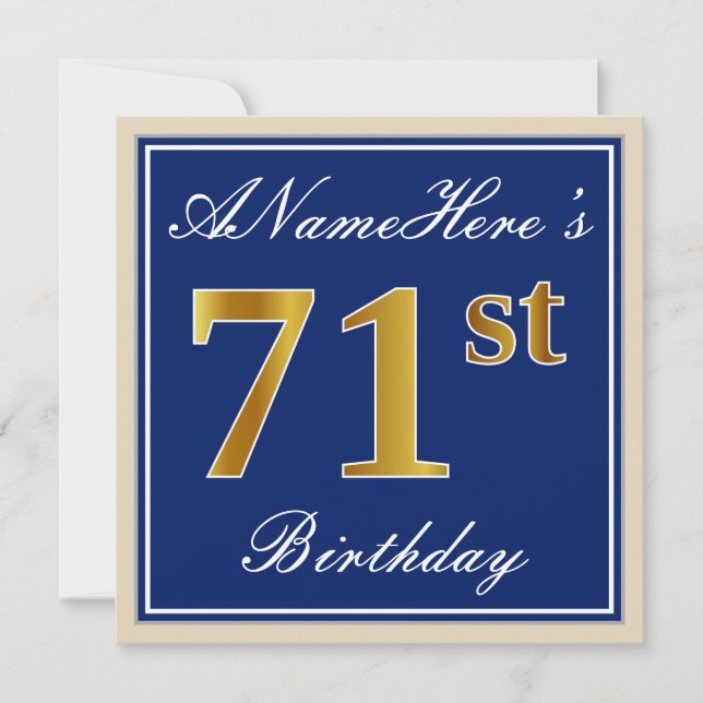 Invitación Elegante, Azul, Faux Gold 71st Birthday + Nombre (Anverso)