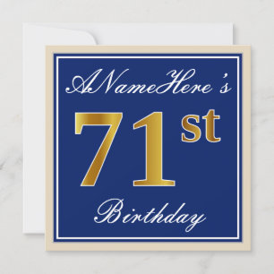 Invitación Elegante, Azul, Faux Gold 71st Birthday + Nombre
